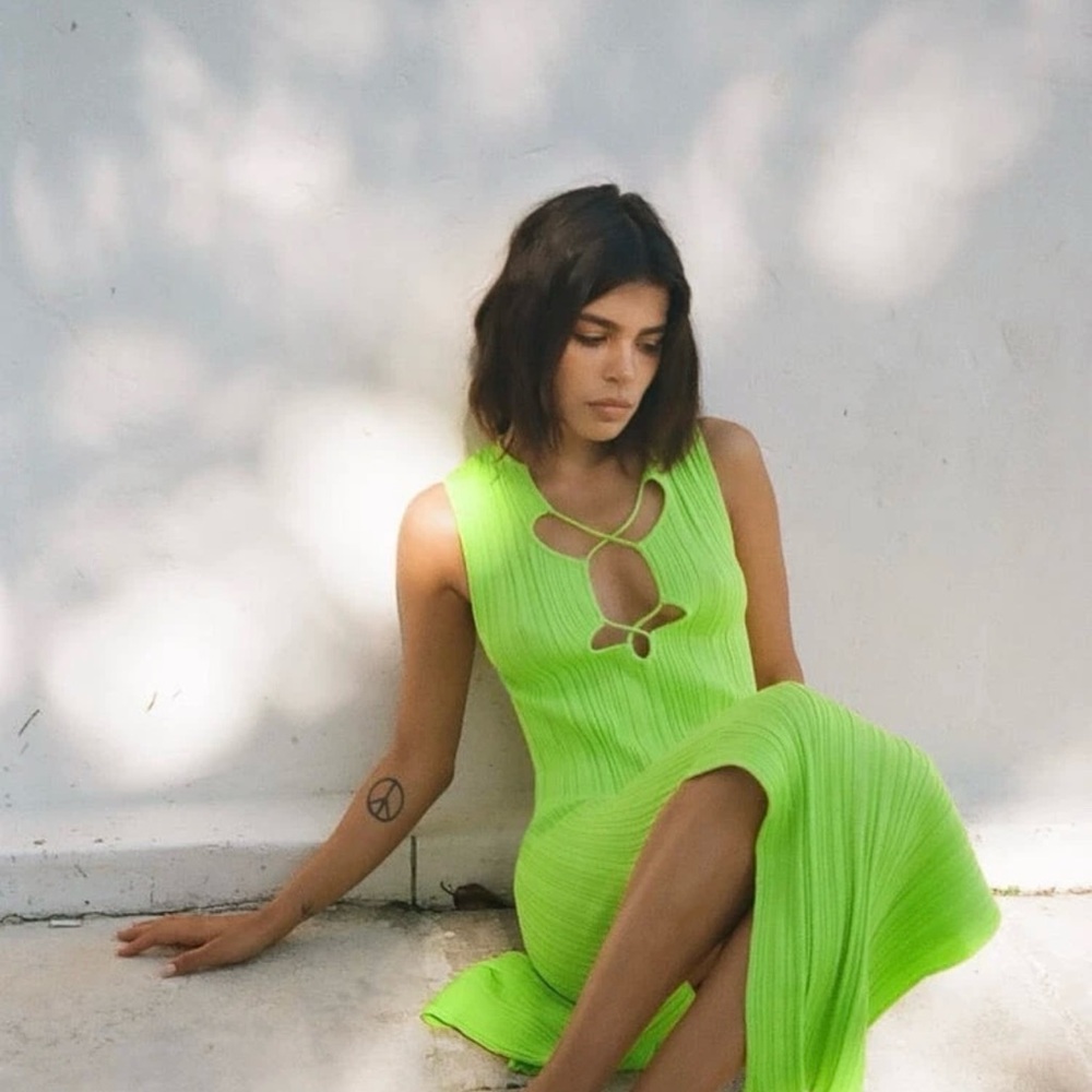 Zara Neon Lime Green Midi Dress with Cut Out Detail